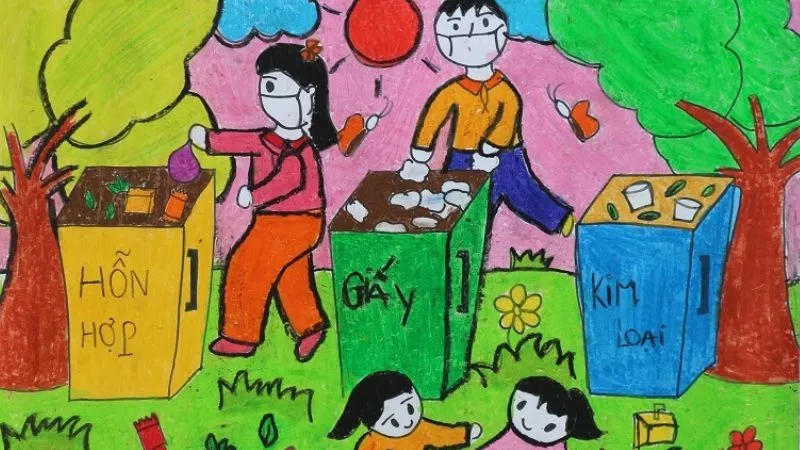Ý tưởng tranh vẽ hoạt động thu gom rác để tái chế, thể hiện hành động thiết thực vì môi trường.