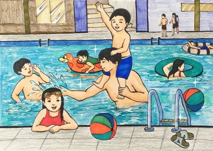 Tranh vẽ học bơi