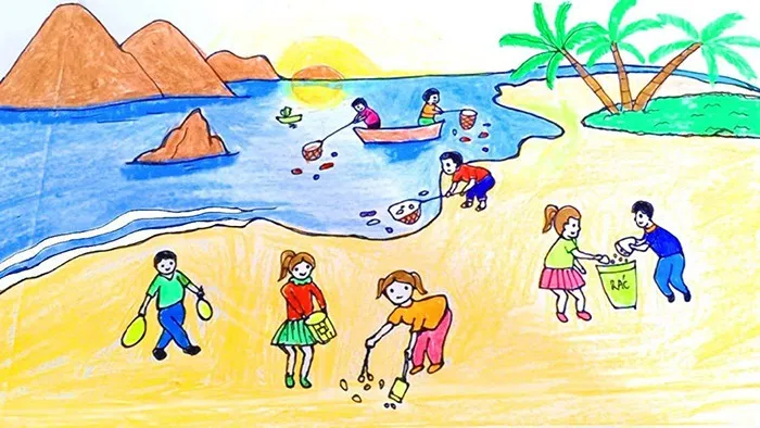 Tranh vẽ dọn dẹp bãi biển