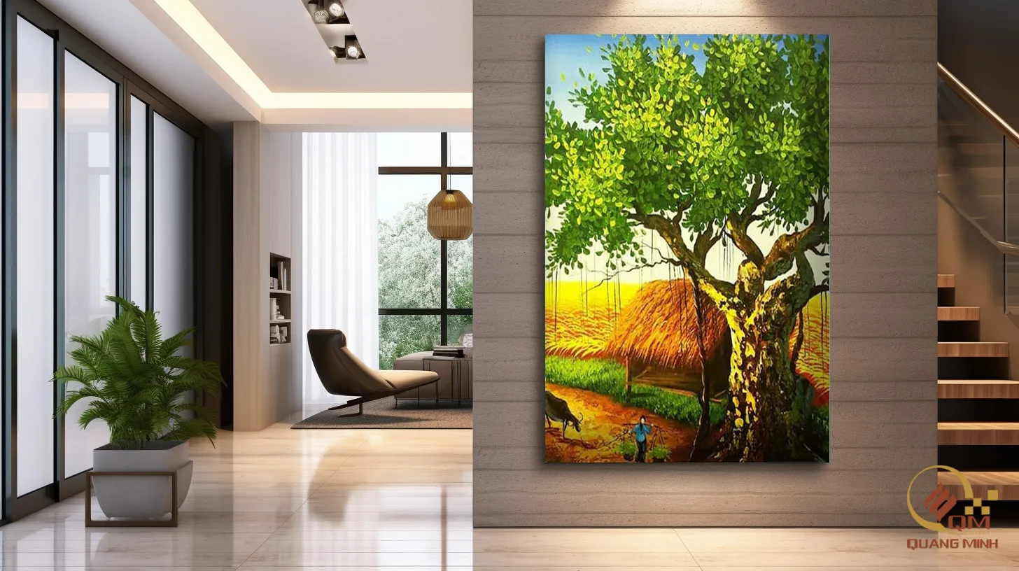 Tranh đồng quê trang trí khu vực cầu thang đẹp