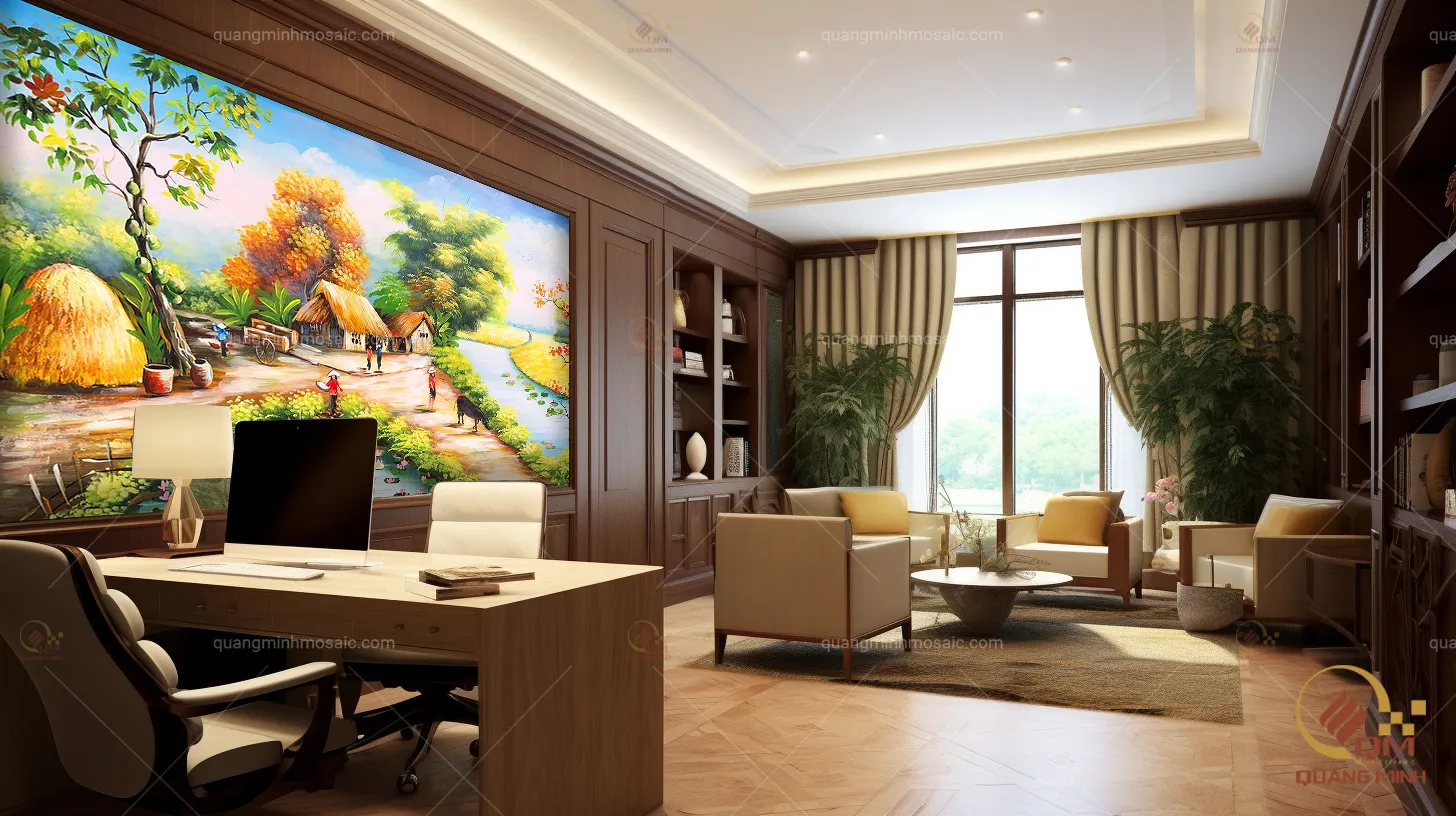 Một bức tranh mosaic gốm chủ đề đồng quê cỡ lớn thích hợp cho các không gian rộng như sảnh khách sạn