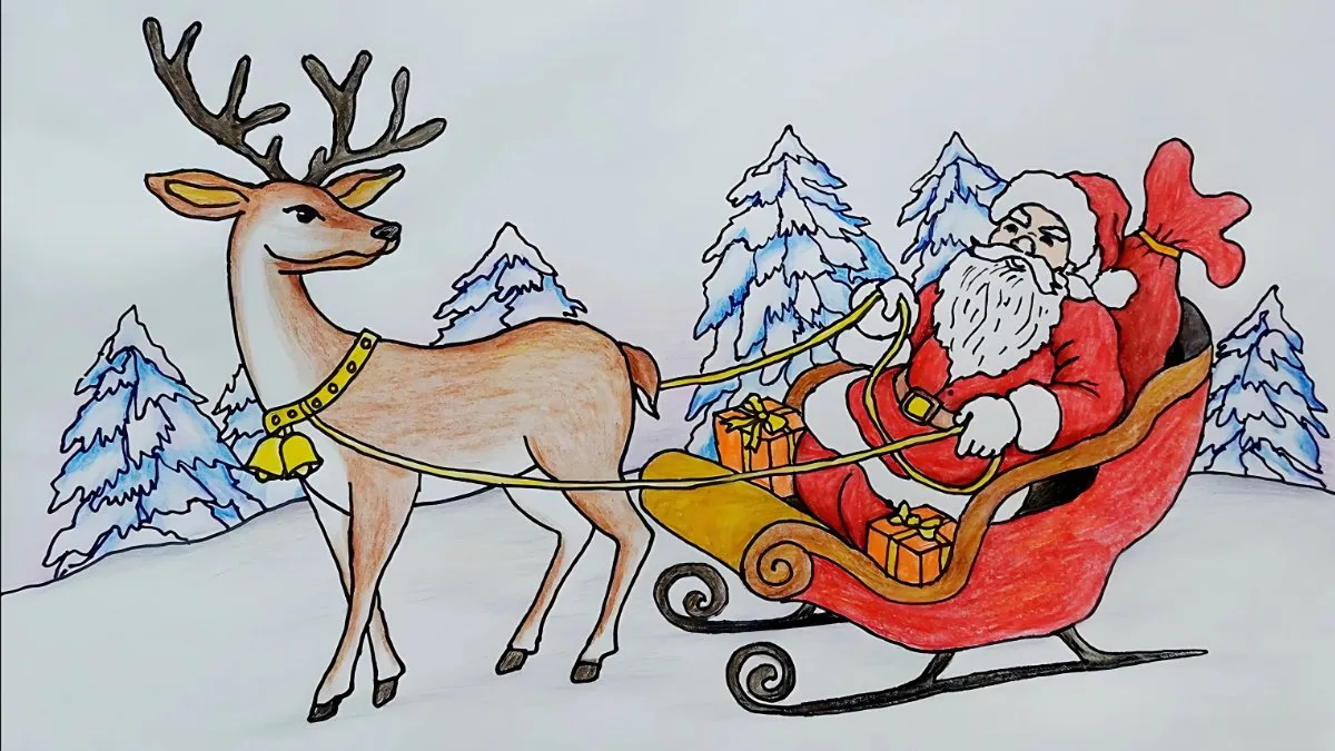 Bức tranh Noel giáng sinh vui nhộn: Ông già Noel, tuần lộc và người tuyết