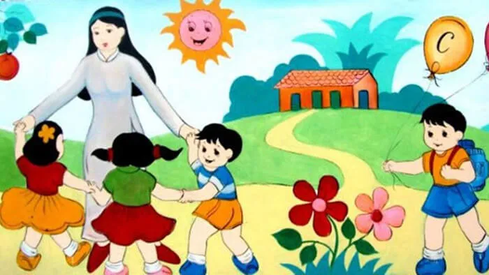 Mẫu tranh vẽ 20 - 11 với cảnh cô trò cùng nhau đi học
