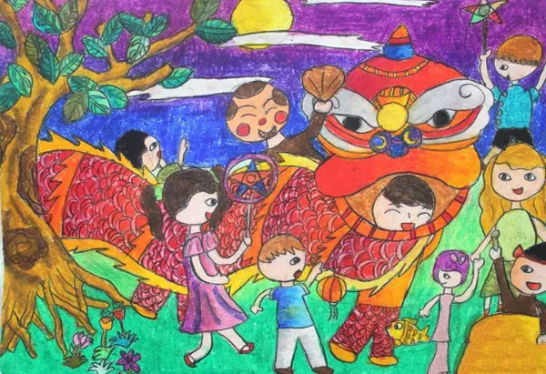 Tranh vẽ đêm hội rước đèn Trung thu cùng bạn bè