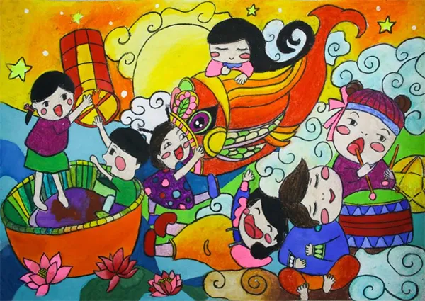 Tranh vẽ mâm cỗ Trung Thu truyền thống với bánh trung thu, hoa quả