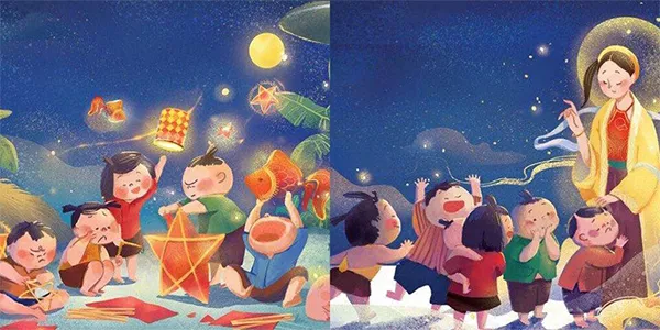 Tranh vẽ trẻ em phá cỗ, rước đèn cùng người thân