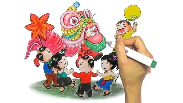 Tranh vẽ gia đình sum vầy, cùng nhau ngắm trăng Trung Thu