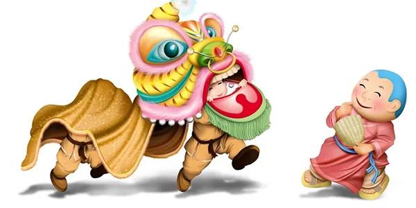 Tranh vẽ chú lân và ông Địa với quạt mo, mang không khí lễ hội