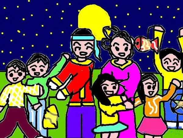Tranh vẽ các bạn nhỏ ca hát, nô đùa dưới ánh trăng rằm tháng tám