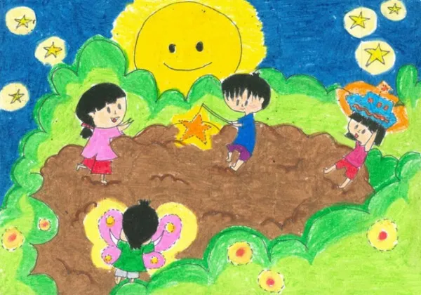 Tranh vẽ trẻ em hoàn cảnh khó khăn vui sướng nhận quà, cùng đón Trung Thu ấm áp