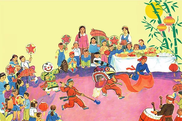 Tranh vẽ cảnh phá cỗ Trung thu cùng gia đình