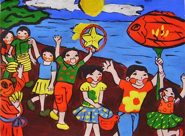 Tranh vẽ múa lân sư rồng trước cửa đình, không khí vui tươi ngày Trung Thu