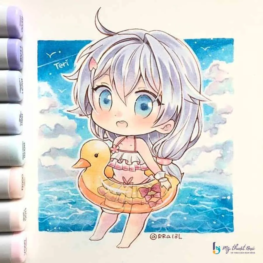 Tranh vẽ anime theo phong cách chibi, thể hiện sự dễ thương qua nét vẽ đơn giản và màu sắc tươi sáng