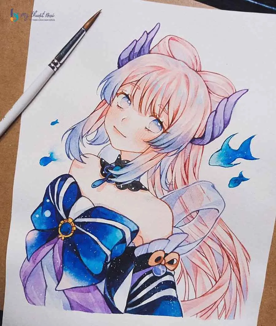 Bức tranh vẽ một cô gái anime dễ thương với trang phục đơn giản và biểu cảm hồn nhiên