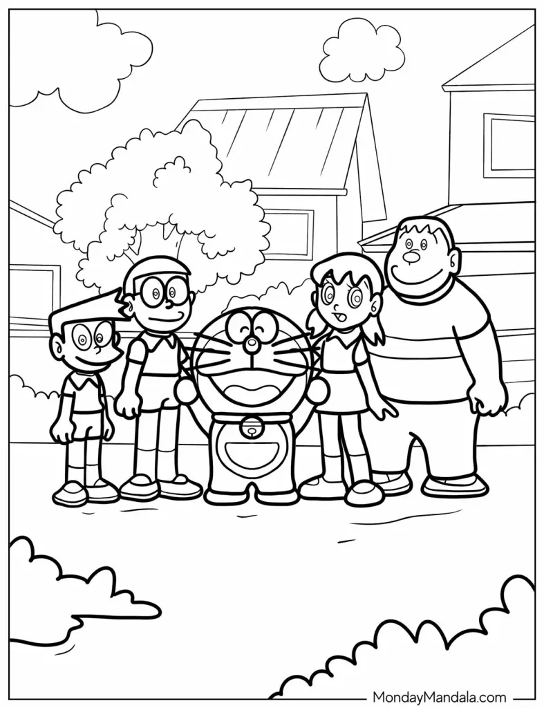 Tranh tô màu Doremon, Nobita, Chaien, Suneo, Shizuka cùng nhau