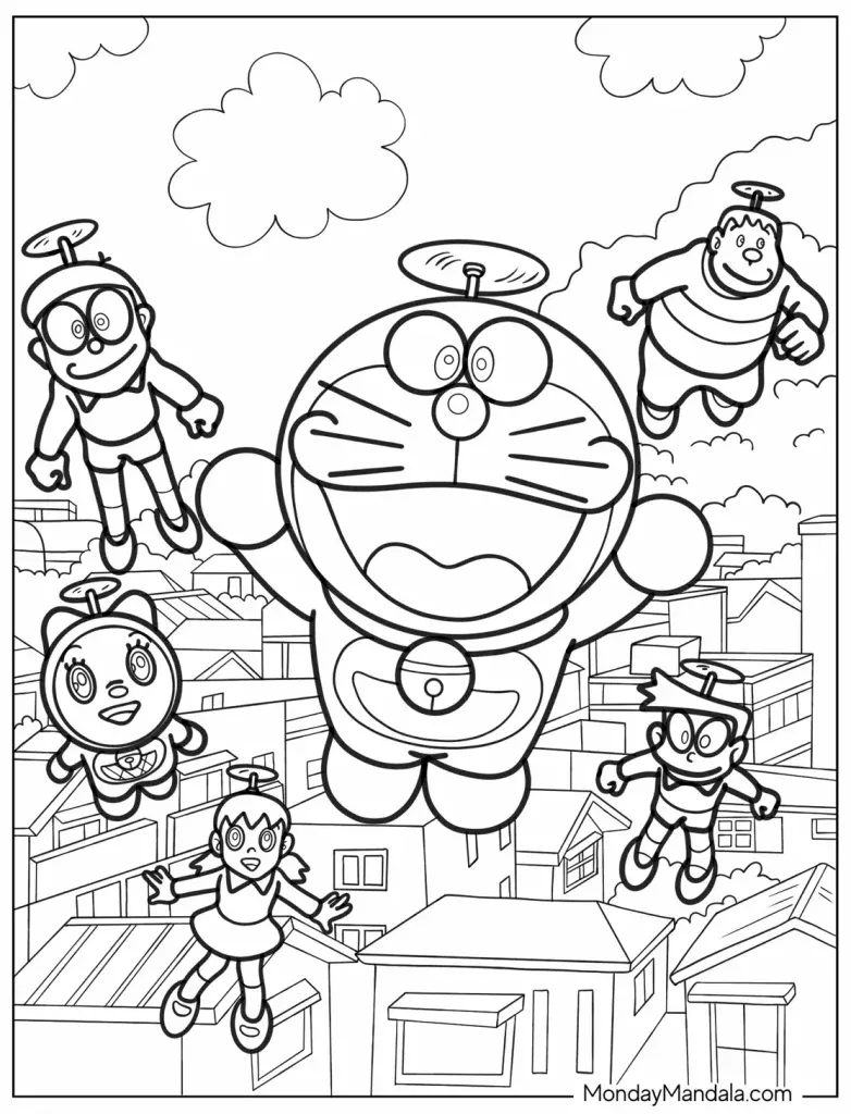 Tranh tô màu Doremon sử dụng chong chóng tre cùng Nobita