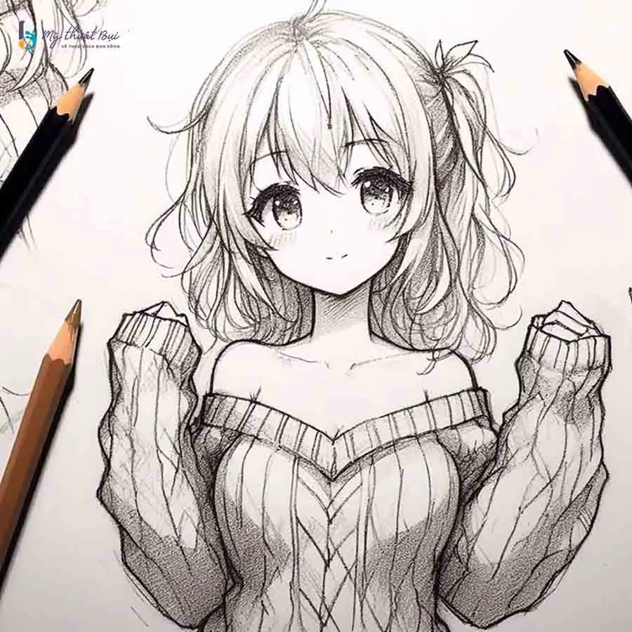 Một bức vẽ anime nữ cute đang mỉm cười, với mái tóc dài và đôi mắt to tròn