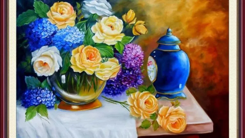 alt: Mẫu tranh bình hoa cắm hoa hướng dương rực rỡ
