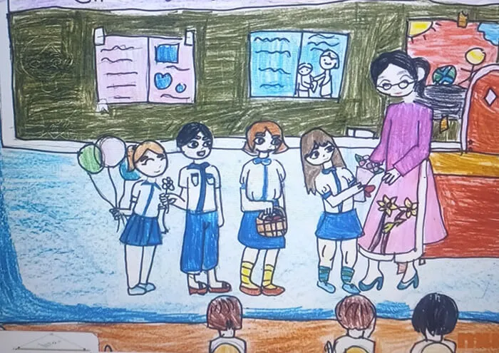 Bức tranh vẽ cô giáo và học trò