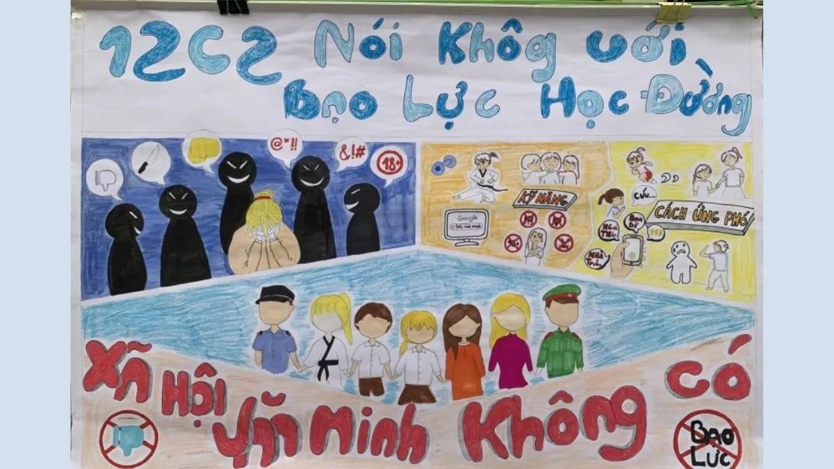 Tranh vẽ phòng chống bạo lực học đường với nét vẽ đơn giản