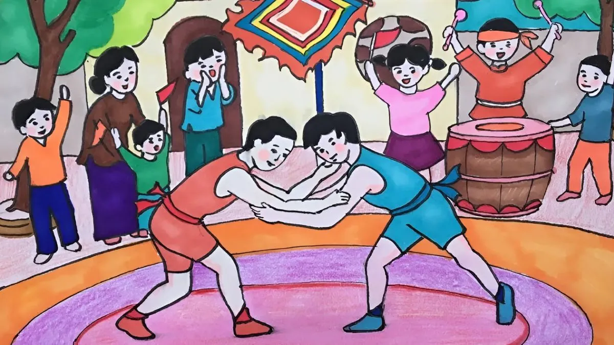 Vẽ tranh lễ hội đấu vật đơn giản đẹp nhất