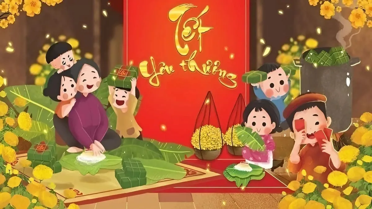 Cả gia đình quây quần bên nhau cùng gói bánh chưng ngày Tết