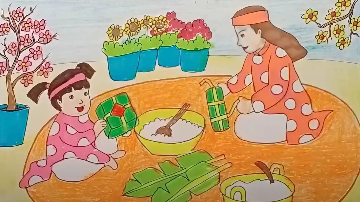 Bức tranh đáng yêu về không khí Tết rộn ràng, tươi vui