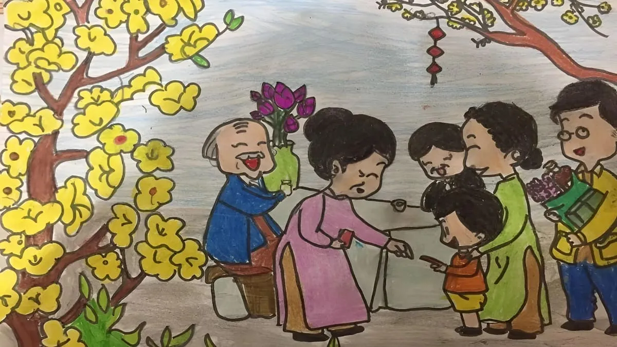 Các em nhỏ vui vẻ chúc Tết người lớn và nhận lì xì may mắn