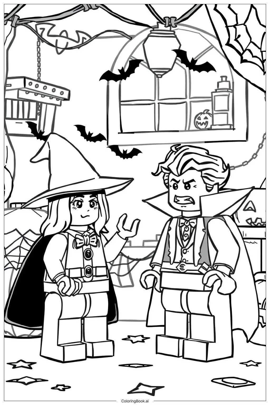 Trang tô màu Bữa tiệc hóa trang Halloween Lego với các nhân vật vui nhộn