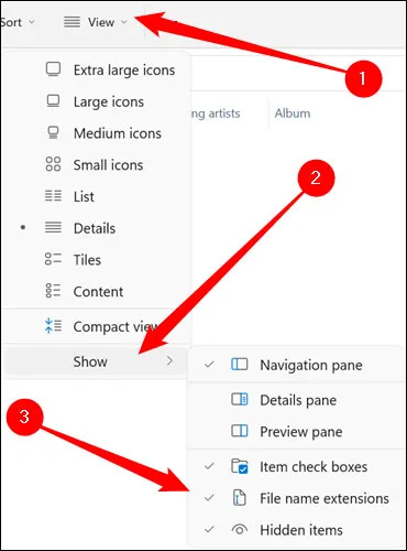 Giao diện tab View trong File Explorer Windows 11, nơi bật hiển thị đuôi file