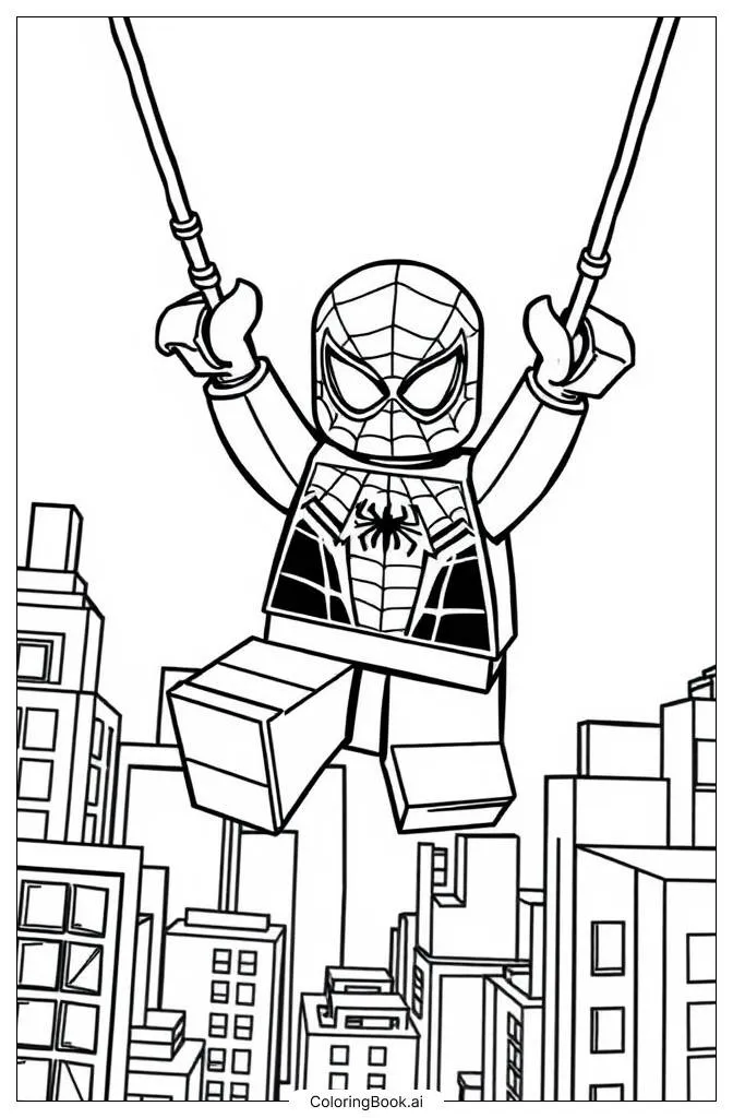 Bản vẽ tô màu Lego Spider-Man đang đu dây qua thành phố cao tầng