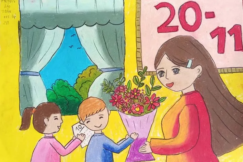 Mẫu tranh vẽ 20/11: Lớp học đông vui và hình ảnh thầy cô
