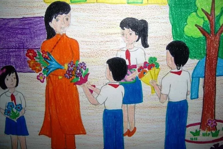 Mẫu tranh 20/11 đơn giản: Bó hoa và điểm 10 tri ân thầy cô