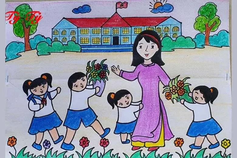Mẫu tranh 20/11: Vẽ chân dung cô giáo đang mỉm cười