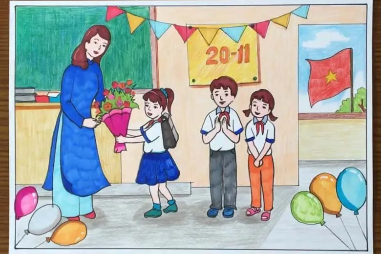 Mẫu tranh 20/11: Vẽ cảnh thầy cô đang giảng bài trên bục giảng