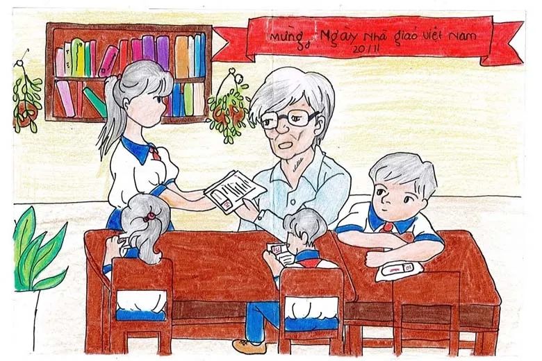 Mẫu tranh 20/11: Tình cảm thầy trò qua nét vẽ đơn giản
