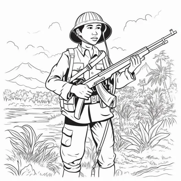 Tranh tô màu chú bộ đội đang tập luyện, hình ảnh minh họa hoạt động quân sự
