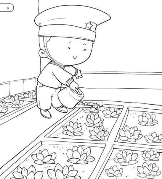 Bé gái mầm non thích thú tô màu bức tranh chú bộ đội