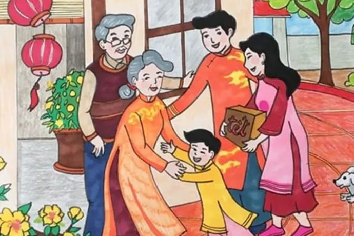 Gia đình hạnh phúc bên cây đào ngày Tết truyền thống