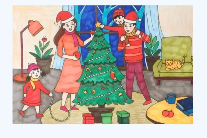 Mẫu tranh vẽ Giáng sinh Ông già Noel trên mái nhà