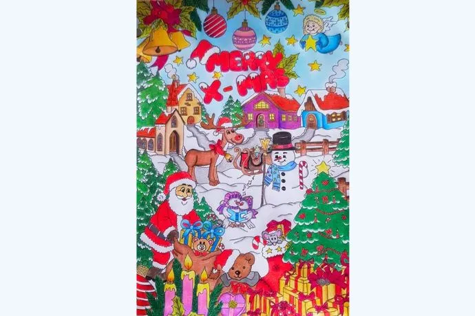 Mẫu tranh vẽ Giáng sinh Ông già Noel và xe trượt