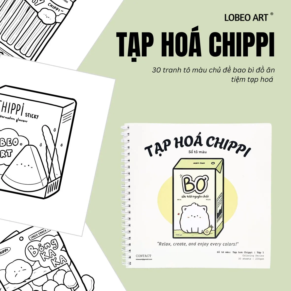 Sổ tô màu Tạp hóa Chippi 30 tranh đồ ăn với bìa minh họa các món quen thuộc