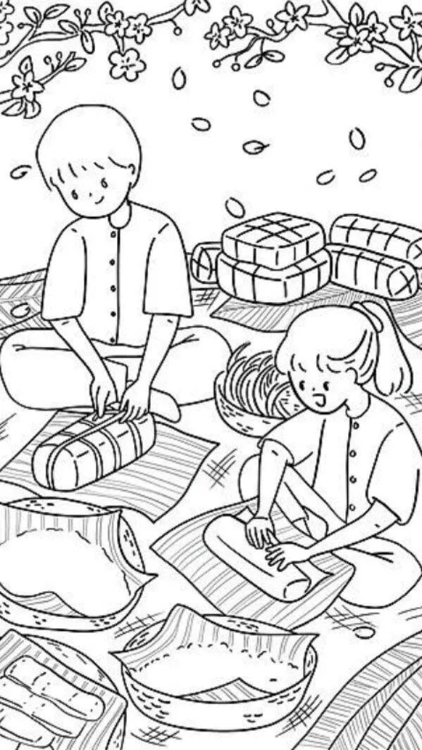 Tranh tô màu hoa mai, hoa đào ngày Tết