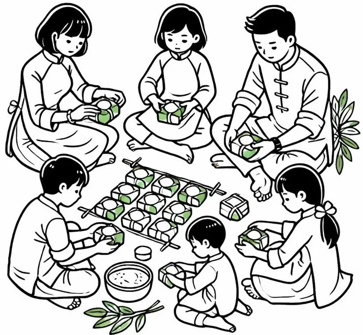 Tranh tô màu bánh chưng, bánh tét ngày Tết truyền thống