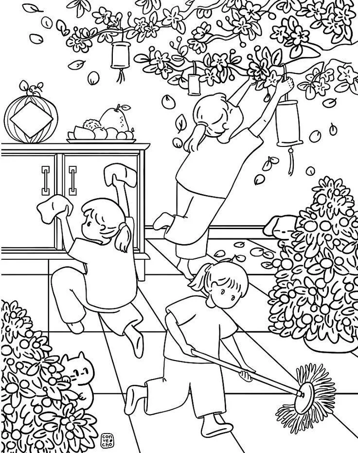 Mẫu tranh tô màu không khí Tết Việt