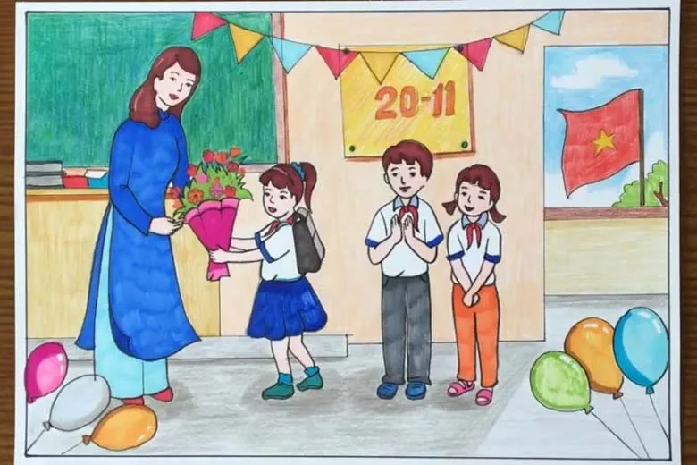 Mẫu tranh 20/11: Học sinh vây quanh cô giáo với nụ cười tươi tắn