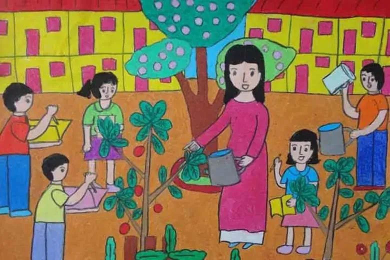 Mẫu tranh 20/11: Phong cảnh trường học với cây xanh và lớp học