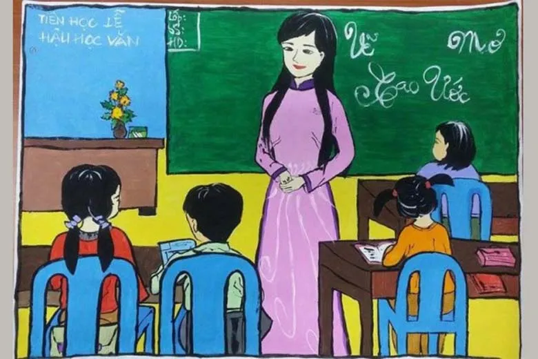 Mẫu tranh 20/11: Các em nhỏ đang vẽ tranh tri ân thầy cô