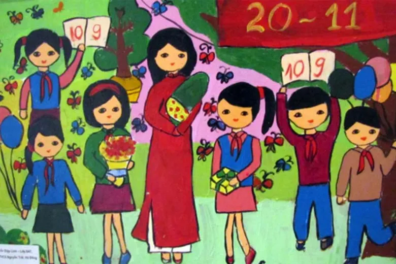 Mẫu tranh 20/11: Lễ chào cờ và hình ảnh thầy cô cùng học sinh