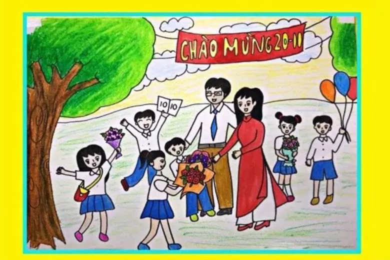 Mẫu tranh 20/11: Vẽ các hoạt động thể thao trong ngày hội trường